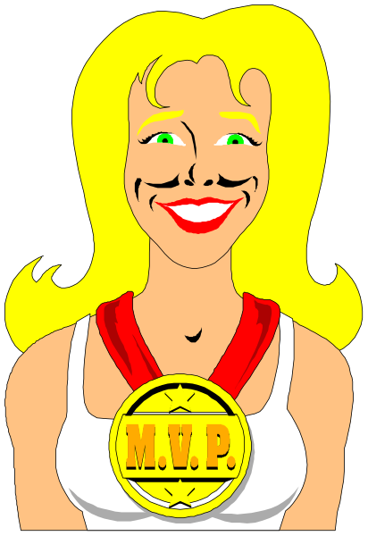 The cartoon features a female character with blonde hair wearing glasses, holding her nose up to it as if she's smelling something. She is smiling broadly at an unseen audience while standing in front of what appears to be a microphone and podium setup for public speaking or performance.