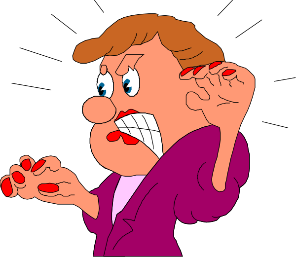 The cartoon shows a woman with red nails clawing at her face while standing against a black background; she appears to be in distress or fearful of something unseen.
