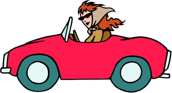 The cartoon shows a person driving an old red car with their hair blowing behind them on what appears to be a sunny day under clear skies.