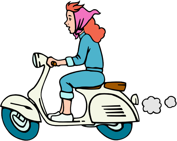 The cartoon depicts a woman riding on back of a scooter with smoke coming from its tailpipe; she is wearing pajamas and has pink hair.