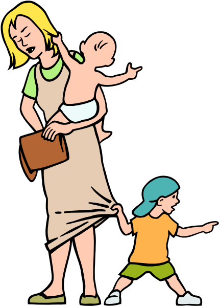 The illustration depicts a woman holding two babies while standing next to an adult who is pulling on her apron string with one hand; another child stands nearby looking at them both.
