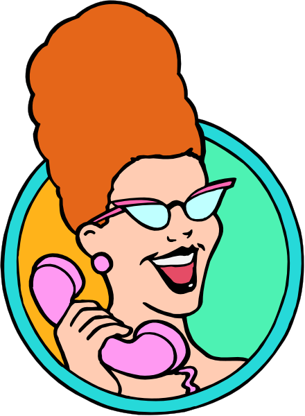 The image shows a cartoon of an animated character with red hair styled into curls on top of her head wearing glasses, holding two phones to both ears while smiling broadly at something off-screen.