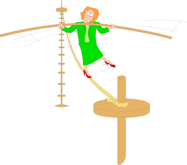 The image shows a cartoon of two figures performing an acrobatic trick on what appears to be balance bars with ropes attached at each end; one figure is standing upright while holding onto both ends of the bar, and another figure seems suspended in mid-air above them by their feet as if they are being lifted off the ground.