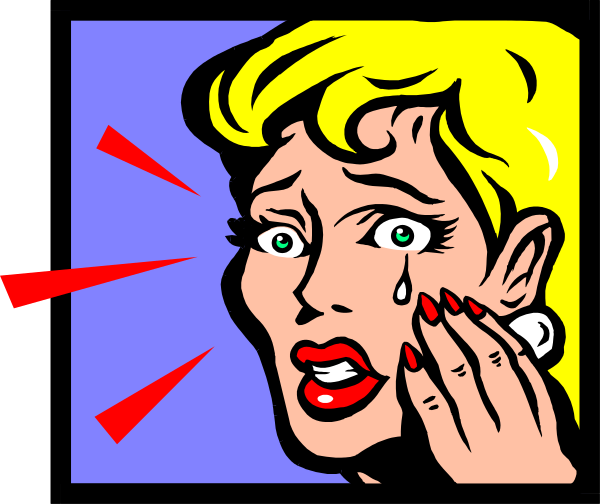 The image shows a cartoon of an animated female character with exaggerated features such as large eyes and lips, expressing shock or surprise while holding her hand to her mouth in front of what appears to be a red exclamation mark graphic on a blue background.