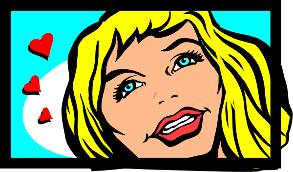 The image shows a cartoon of an animated woman with blonde hair who is smiling at someone offscreen; she has blue eyes and appears to be in mid-conversation as indicated by her open mouth revealing teeth, which suggests speech. She's wearing what seems like casual attire but the details are not clear due to low resolution. The background of this image features a simple gradient from light brown on top to darker shades at bottom with no distinct objects or setting visible beyond that.
