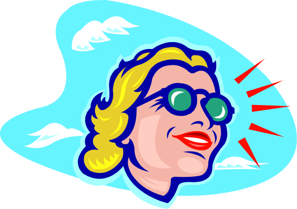The image shows a cartoon of an elderly woman with sunglasses on her head wearing blue jeans, speaking into what appears to be a microphone while standing in front of clouds against a sky background.