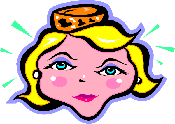 The image features a cartoon of an animated female character with exaggerated facial expressions wearing makeup, including lipstick on her lips and eyeshadow around her eyes. She has blonde hair styled in bangs that fall over one eye, giving it a fringe look. Her eyebrows are arched upwards towards the center of her forehead. The girl is smiling broadly at an unseen audience with teeth showing through slightly parted red lipstick-covered lips. Above and to the right side of her head floats what appears to be a small crown or tiara, suggesting she may have