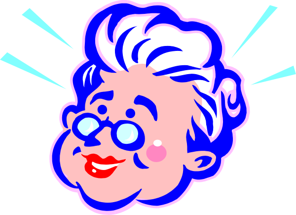 The image shows a cartoon of an elderly woman with glasses wearing blue hair rollers on her head; she has white curly hair peeking out from under them. She is smiling broadly at something off-camera, and there's a speech bubble above her that contains text which appears to be in Japanese or another non-English language. The background of the image is plain black with no additional details provided about setting or objects present beyond what has been described.