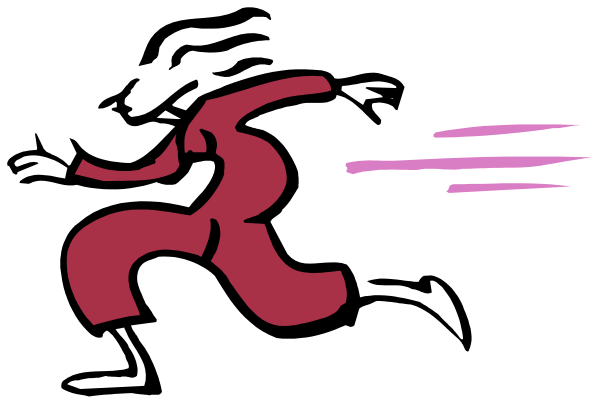 The image shows a graphic of an animated character with red hair who appears to be running towards something on their right side while holding what looks like a sword in one hand.