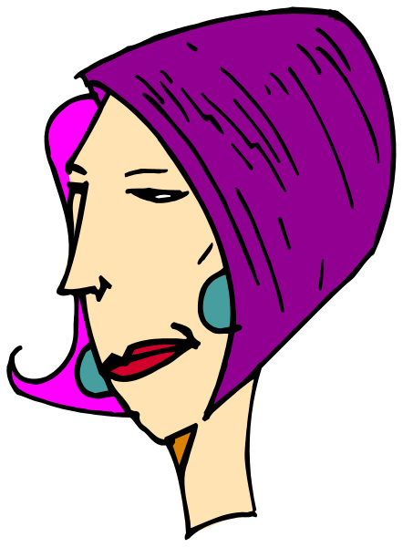 The image shows a cartoon of an adult woman with purple hair wearing large earrings; she has dark eyebrows and is looking to her right side.