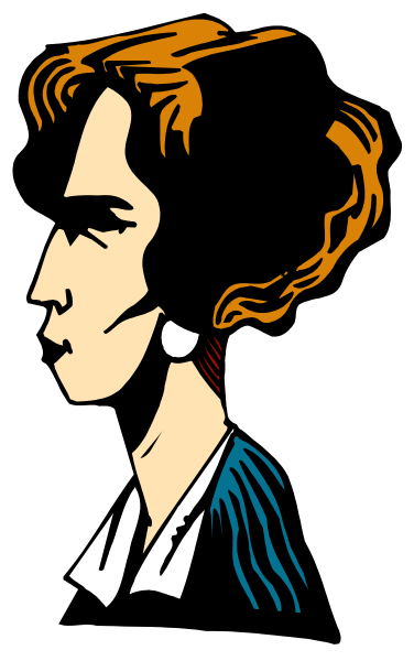 The black and white illustration features a woman's face with red hair on her head; she is wearing an earring in one of her ears.