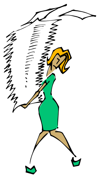 The image shows a cartoon of an animated woman with blonde hair standing against a black background; she is wearing green clothing that resembles a dress or top and has her hands on hips in what appears to be a confident pose, looking slightly off-camera towards something not visible within the frame.