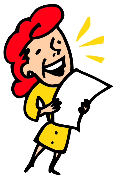 The cartoon shows a woman with red hair holding papers; she's wearing yellow clothing and is smiling while pointing to something off-screen.