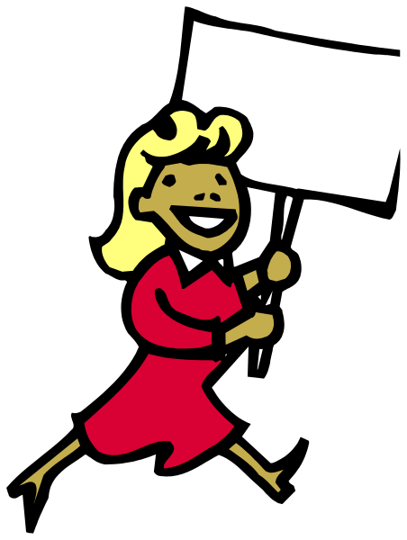 The image shows a cartoon of an animated woman holding papers with her right hand while standing on what appears to be a black background; she is smiling broadly at something off-frame.