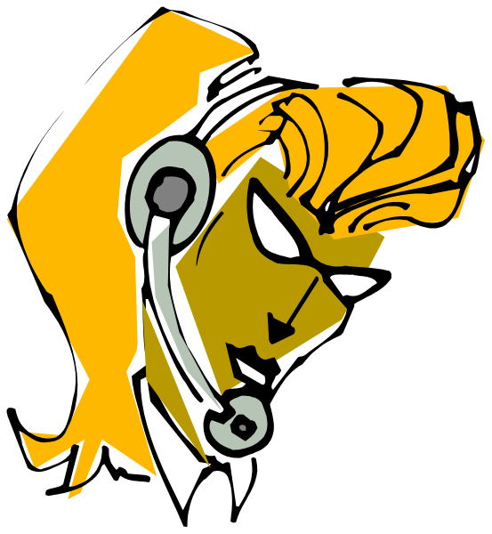 The image shows a stylized illustration of an animated character with blonde hair wearing headphones around their neck while holding what appears to be a microphone in front of them against a black background.