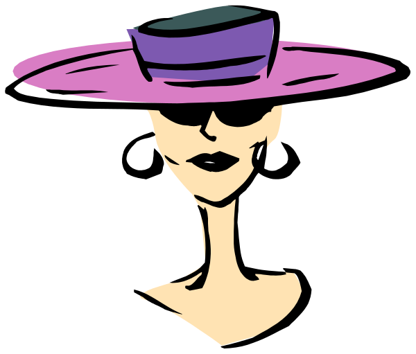 The image shows a stylized illustration of an adult female figure wearing a large purple hat with black trimming around its base; she has dark hair styled in waves that fall over her shoulders on either side, and is depicted from behind against a plain background.