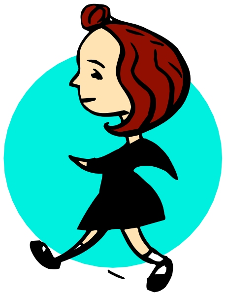The illustration shows a cartoon of an animated female character with red hair walking on what appears to be a sidewalk against a blue background.