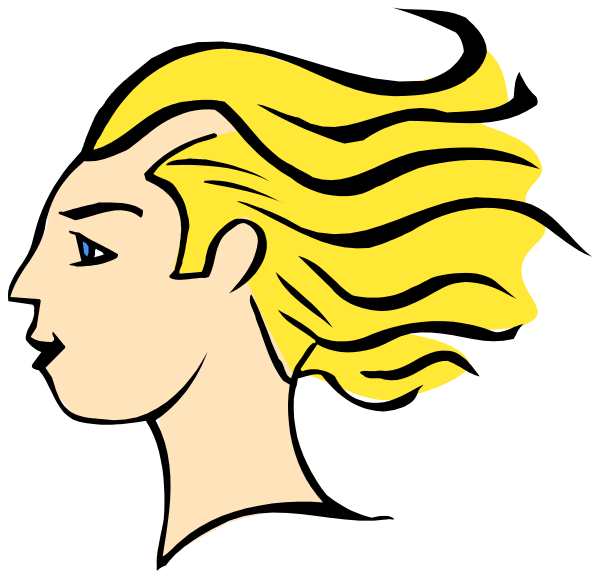 The image shows a stylized illustration of two profiles facing each other with an abstract design between them that resembles hair blowing in wind; it is black-and-white except for one yellow element on top right, which appears to be part of the hairstyle or decorative detail.