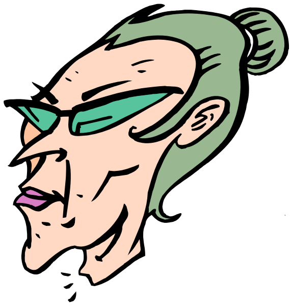The cartoon shows a woman with glasses wearing sunglasses on her head; she has gray hair pulled back into an updo under what appears to be a blue bandana-like accessory.