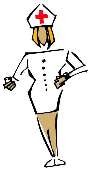 The image shows a black and white illustration of an animated nurse standing behind what appears to be a door frame with her back facing forward; she is wearing a red cross on her headband.