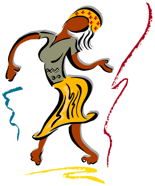 The image shows a cartoon of an animated hula dancer with exaggerated features such as large eyes and hands on hips in mid-motion against a black background.