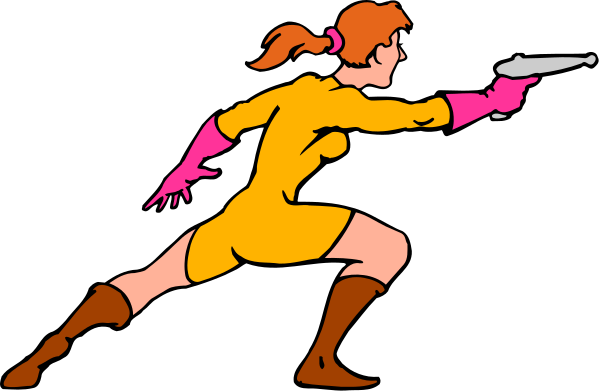 The black and white illustration shows a woman dressed as Wonder Woman running towards an unseen target with her hand on hip while holding out a gun in front of her; she is wearing boots and has blonde hair, set against a dark background that contrasts sharply with her yellow costume.