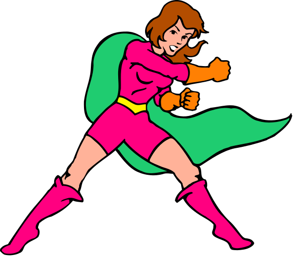 The image shows a cartoon of two female superheroes posing with their fists outstretched against each other in front of them; one is wearing pink armor while the other has orange gloves on her hands and wears blue boots, both characters have capes that match their respective colors.