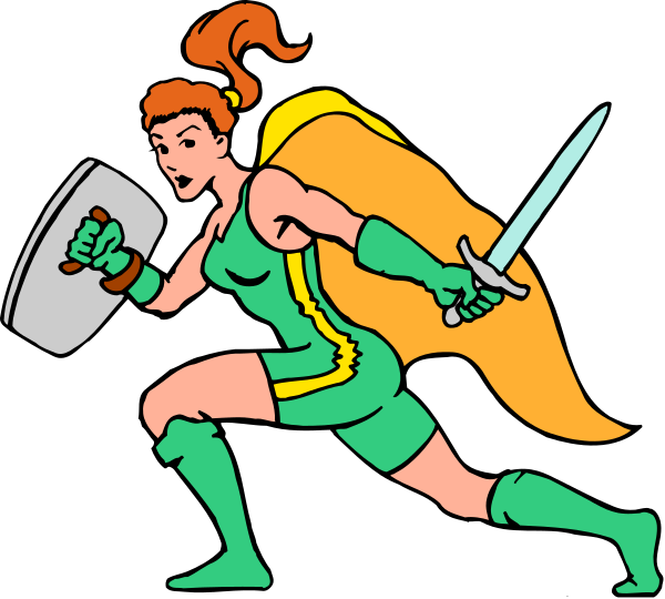 The illustration shows two female characters dressed as superheroes running with their arms outstretched; each has a sword in one hand while holding up her other arm to reveal an emblem on it.