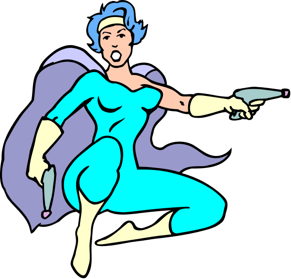 The illustration shows a female superhero character with blue skin wearing a purple costume holding two guns crossed over her chest while sitting on one knee in front of another gun pointing upwards to the right side of the image, set against a black background.