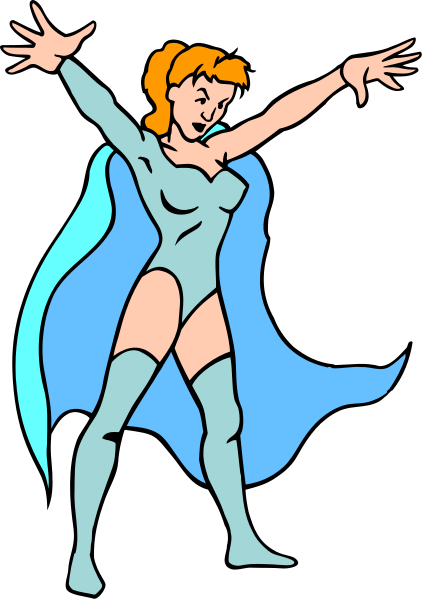 The image shows a cartoon of an animated female superhero character with blonde hair wearing blue tights standing on her toes in front of a black background.