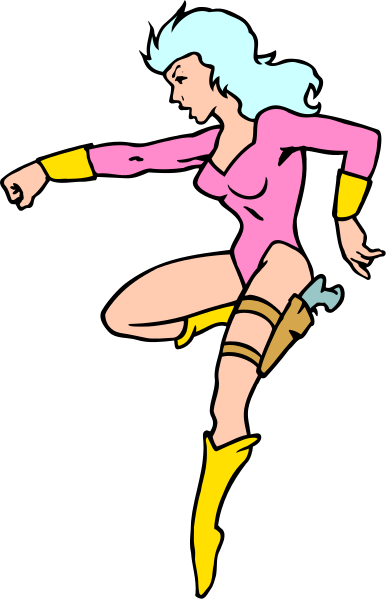 The black and white illustration features a female superhero character with blonde hair wearing pink clothing standing on her toes against a dark background.