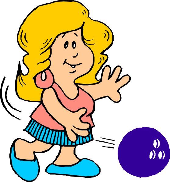 The cartoon depicts a female character with blonde hair wearing blue shoes standing next to an oversized bowling ball on her left side while reaching out towards it with both hands in front of her body; she is smiling and appears excited about playing, set against a dark background that contrasts the subject.