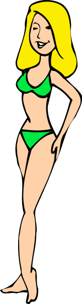 The image shows a cartoon of an animated female character wearing bikini bottoms standing against a black background with her hands on hips; she has blonde hair styled in waves and is smiling at something off-camera, giving no indication that it's nighttime or daylight outside the frame.