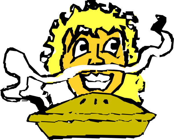 The image shows a black and white illustration of an animated character with mustache holding what appears to be a pie dish in one hand while standing on top of another object that resembles a pizza slice.