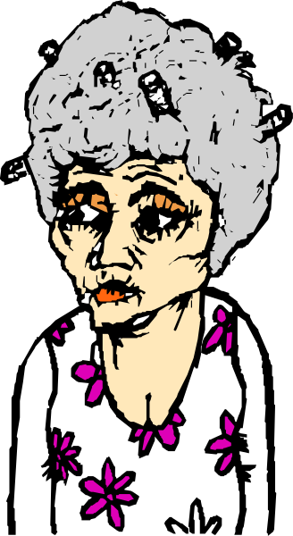 The image shows a black and white illustration of an elderly woman with red lips wearing glasses on her head; she has gray hair styled in bangs and is adorned with what appears to be flowers around her neckline, possibly indicating that it's Mother's Day or another special occasion.