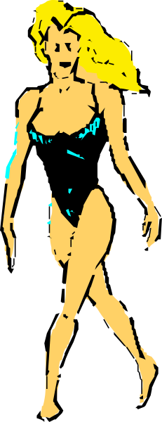 The image shows a black and white line drawing of an animated female character with blonde hair wearing a swimsuit walking to her right on what appears to be sandy ground under clear skies.