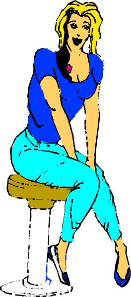 The image shows a cartoon of an animated woman sitting on a stool with her legs crossed over each other; she is wearing blue jeans and has blonde hair styled in bangs.