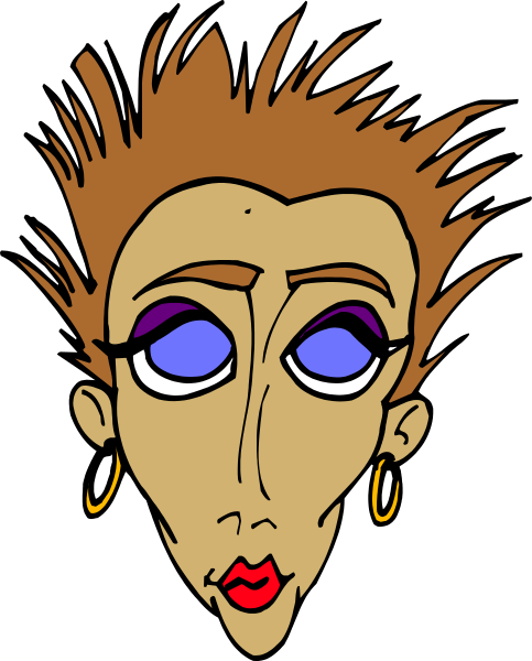 The image shows a cartoon of an animated female character with exaggerated features such as large eyes and hair standing upwards from her head; she has red lips painted on her face and is wearing earrings in both ears, suggesting that this could be a caricature or stylized representation rather than realistic.