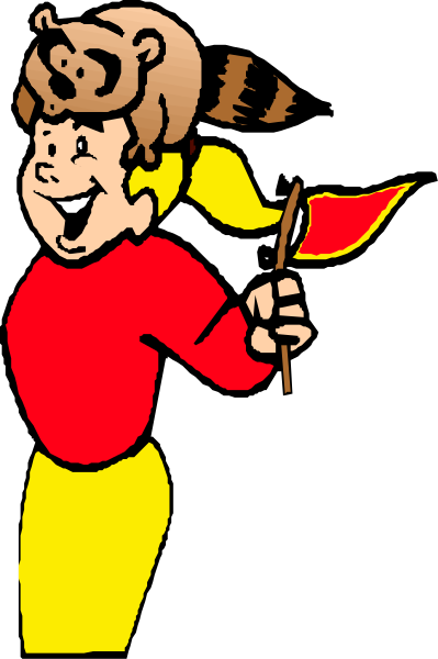 The image shows a cartoon of an animated character holding a flag with two hands while standing on what appears to be grassy ground against a dark background.