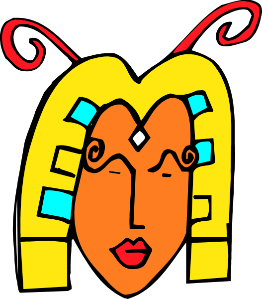 The image shows a cartoon of an Egyptian woman's face with stylized features such as large eyes, lips, nose, and hair adorned in blue jewels; she has blonde wavy hair and is wearing what appears to be jewelry on her ears or headband.