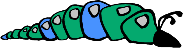 The image shows a long line of colorful cartoon characters that resemble caterpillars with blue bodies and green heads on what appears to be an outdoor surface under clear skies.