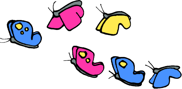 The image shows a group of five cartoonishly colored fish swimming upwards with their fins raised against an unseen background.