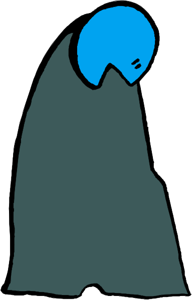 The image shows a cartoon of an animated character with blue skin standing next to what appears to be a window frame on its left side.
