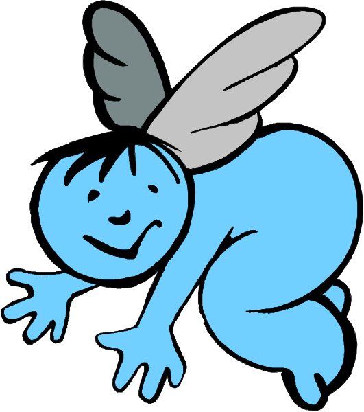 The cartoon shows a blue fairy with wings lying on its back next to an anthropomorphic figure that appears humanoid but has no face; it's wearing shorts and is smiling while looking at something off-frame, suggesting playfulness or joy in this moment captured by the image.