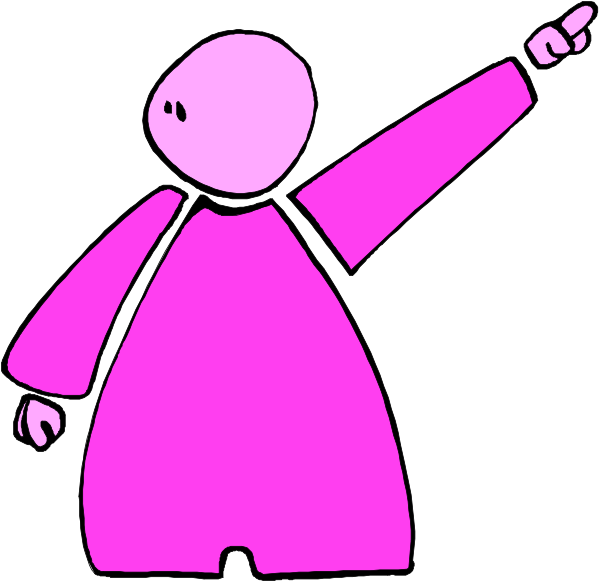 The image shows a pink stick figure pointing to its right with an exaggerated gesture on top of another similar but smaller stick figure that is also in profile facing leftward.