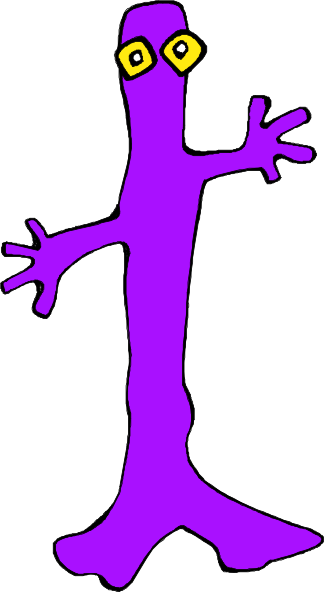 The image shows a purple cartoon drawing of an anthropomorphic plant with arms outstretched against a white background.