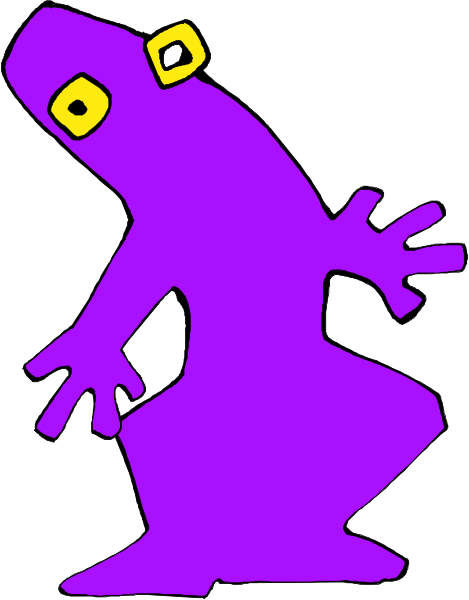 The image shows a purple cartoon frog with its arms outstretched against a white background.