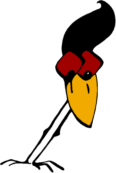 The image shows a cartoon of an anthropomorphic bird with red feathers on its head standing upright like a human in front of what appears to be a flagpole.