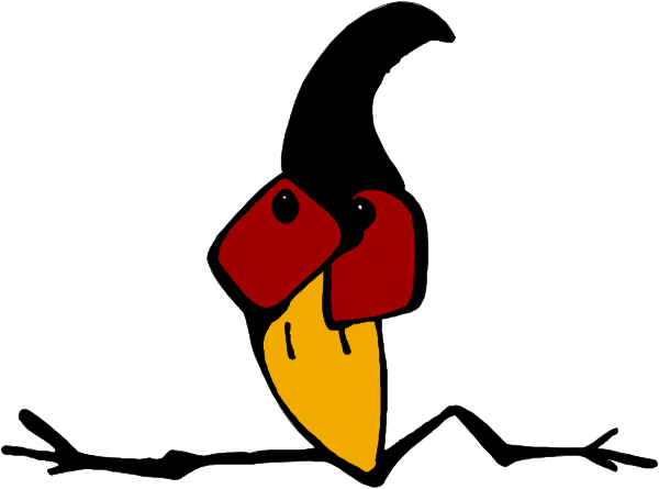 The image shows a cartoon bird with red feathers on its head perched next to an orange flower against a white background.