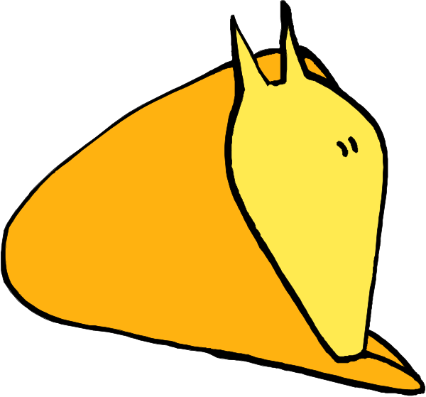 The image shows a cartoon of an orange cone with two black dots for eyes sitting next to another object that resembles a yellow dog's head on top of it.